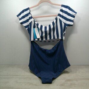 Nautical Swimsuit One Piece Preppy Classic Blue and White Stripe Size L - NWT